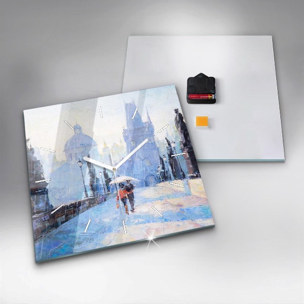 Square glass wall clock Oil art