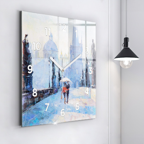 Square glass wall clock Oil art