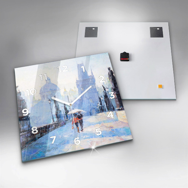 Square glass wall clock Oil art