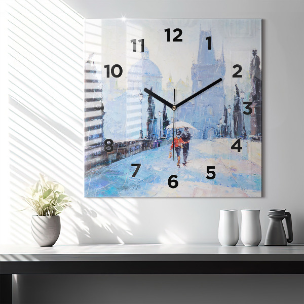 Square glass wall clock Oil art