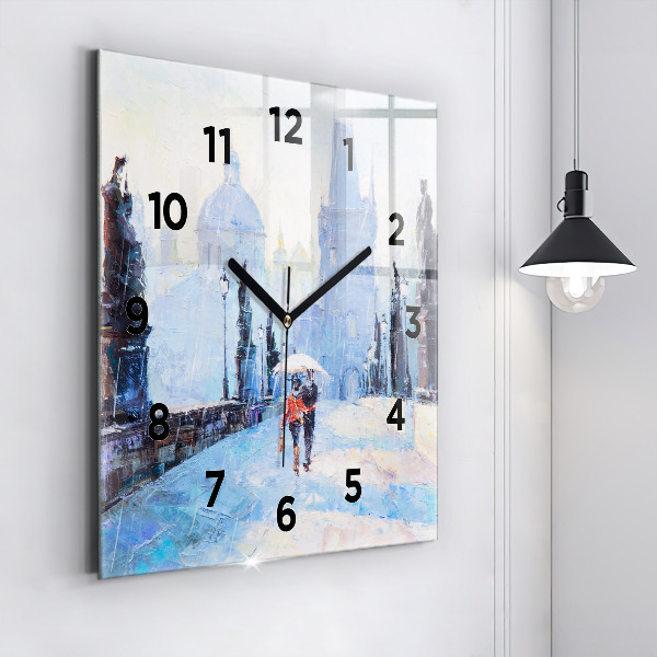 Square glass wall clock Oil art
