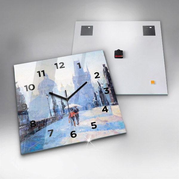 Square glass wall clock Oil art