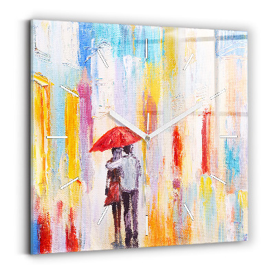 Square glass wall clock Couple in the rain