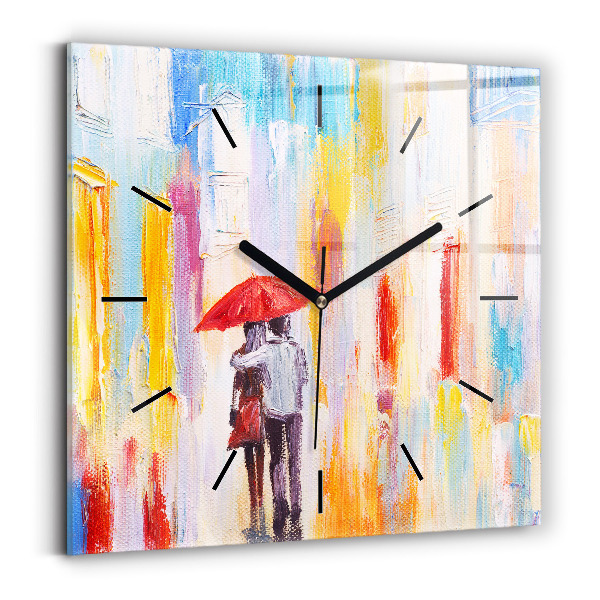 Square glass wall clock Couple in the rain