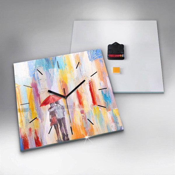 Square glass wall clock Couple in the rain