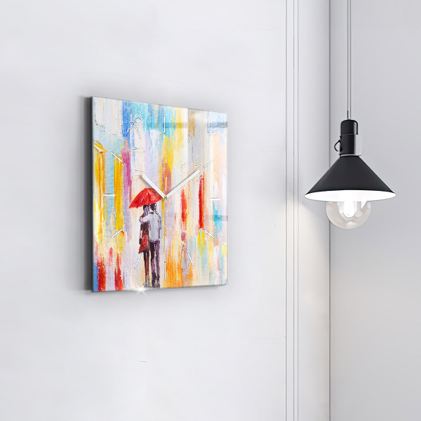 Square glass wall clock Couple in the rain