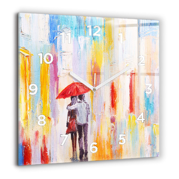 Square glass wall clock Couple in the rain