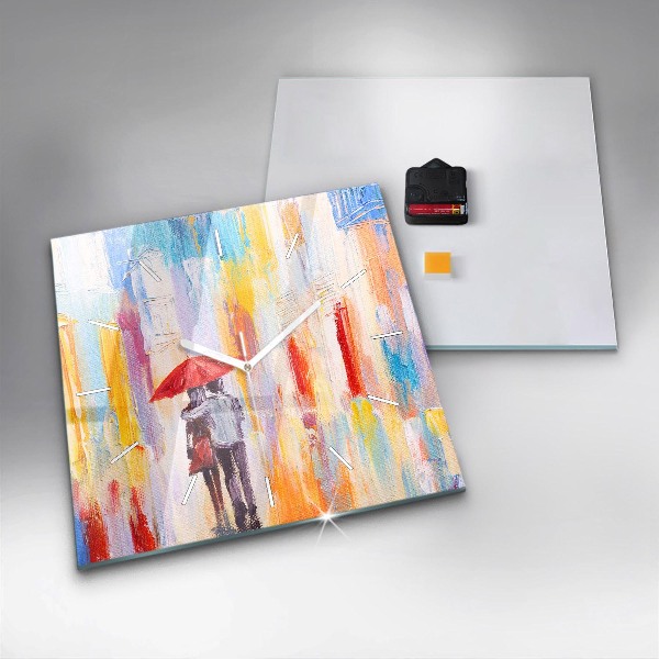 Square glass wall clock Couple in the rain