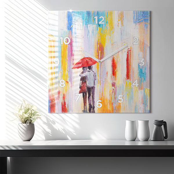 Square glass wall clock Couple in the rain
