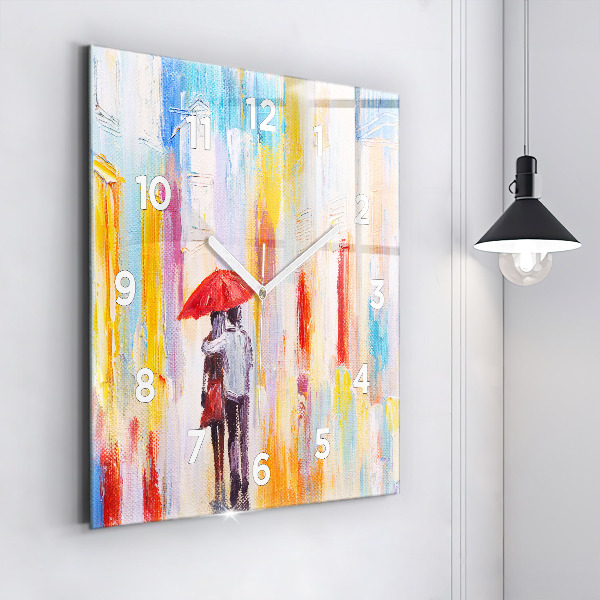 Square glass wall clock Couple in the rain