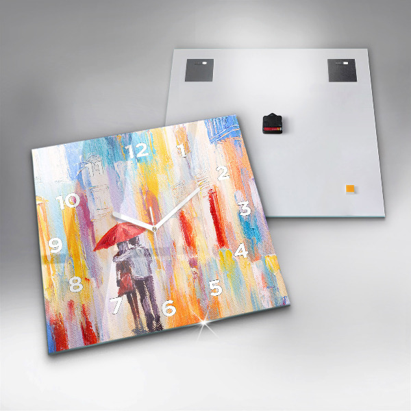 Square glass wall clock Couple in the rain