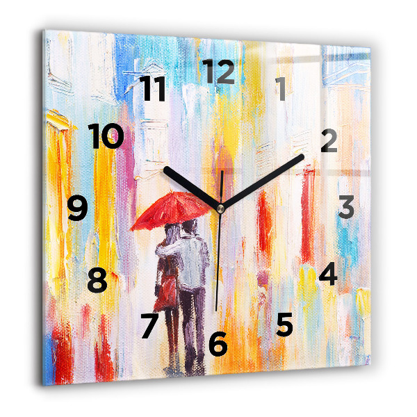 Square glass wall clock Couple in the rain