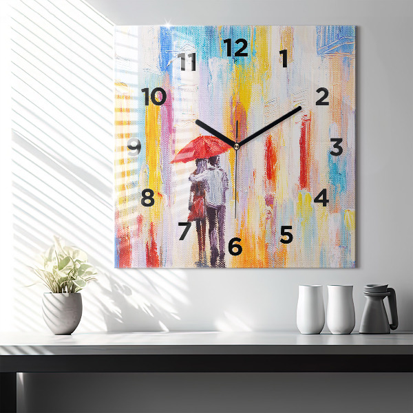 Square glass wall clock Couple in the rain