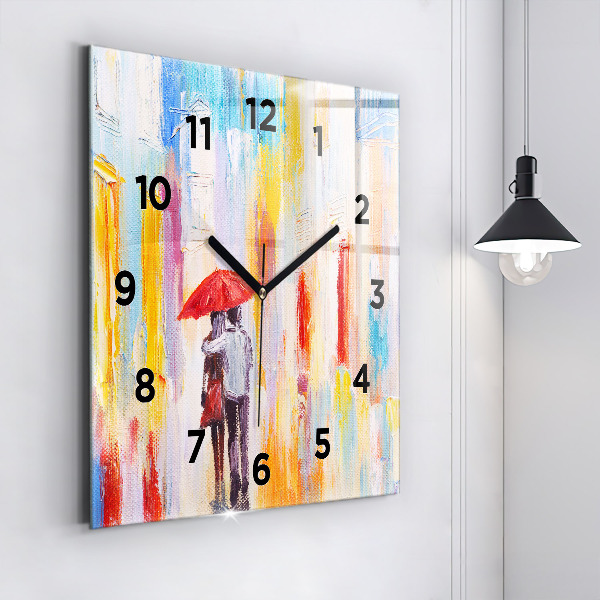 Square glass wall clock Couple in the rain