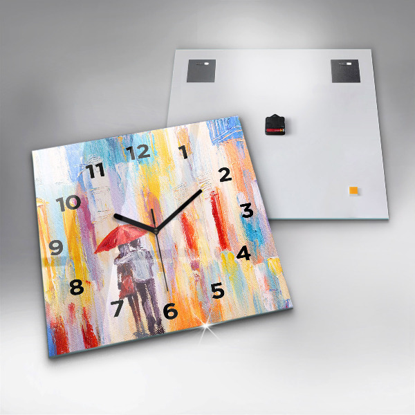 Square glass wall clock Couple in the rain