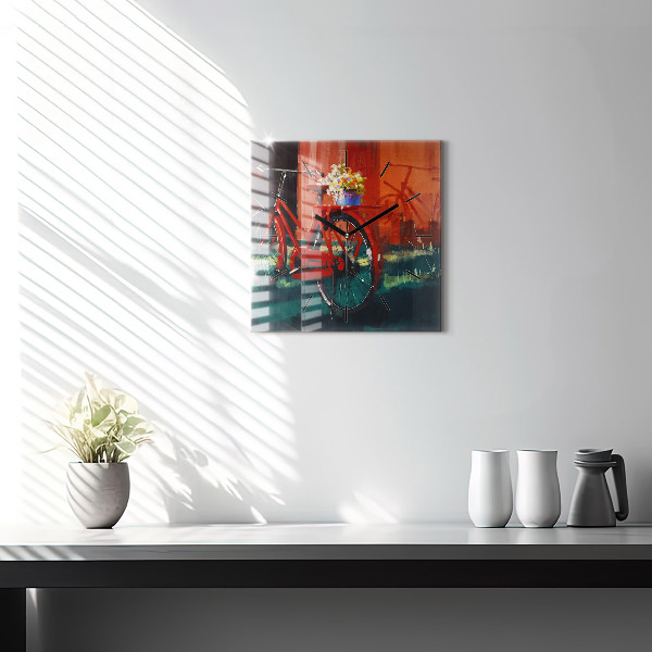Square glass wall clock Painted bike