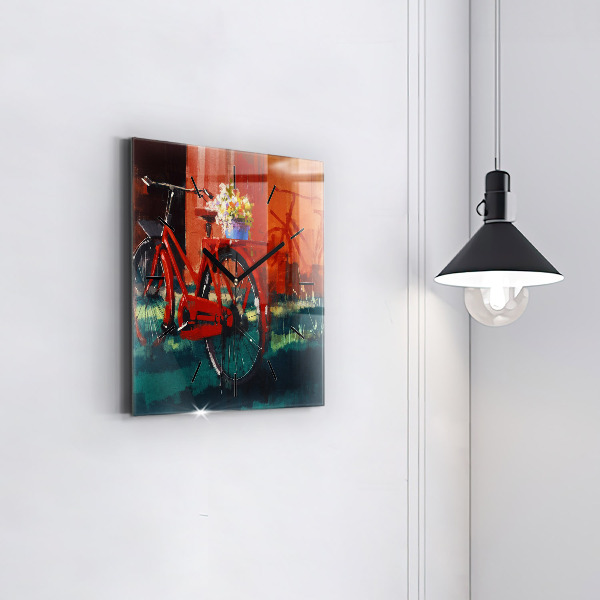 Square glass wall clock Painted bike