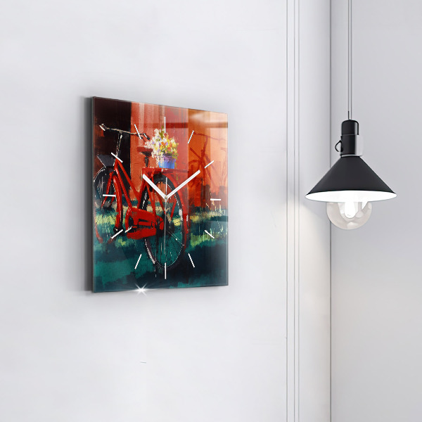 Square glass wall clock Painted bike