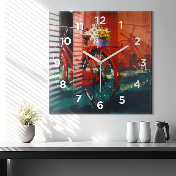 Square glass wall clock Painted bike