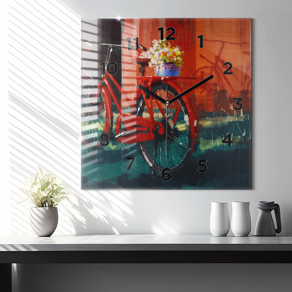 Square glass wall clock Painted bike