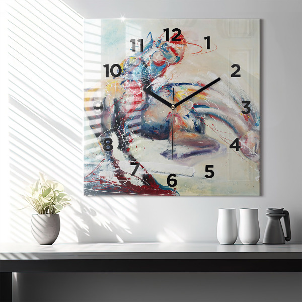 Square glass wall clock Illustration of galloping horses