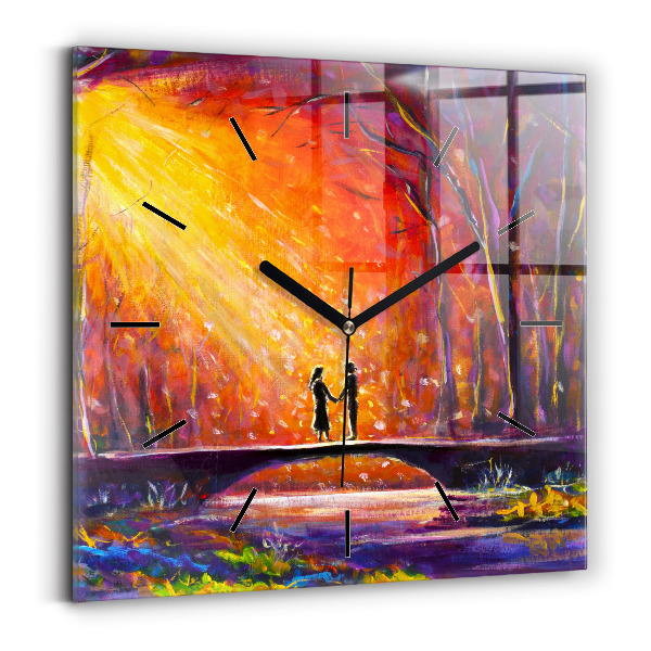 Square glass wall clock Couple in the forest