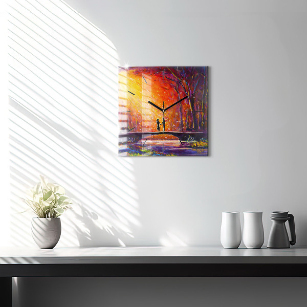 Square glass wall clock Couple in the forest