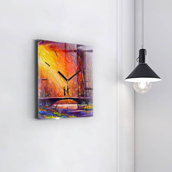 Square glass wall clock Couple in the forest