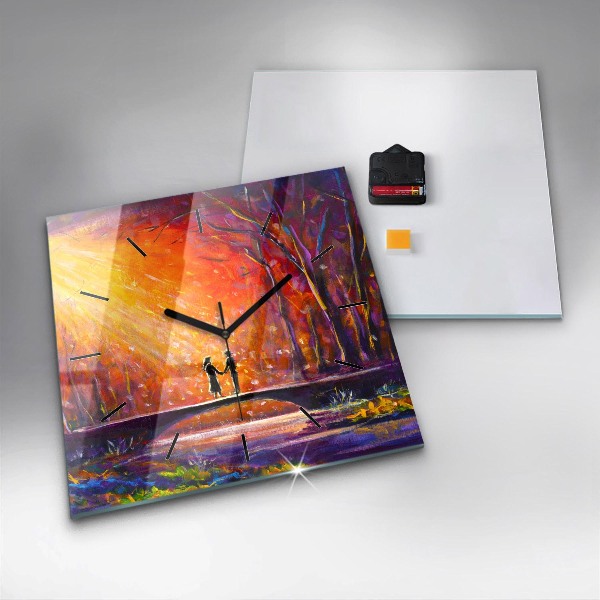 Square glass wall clock Couple in the forest