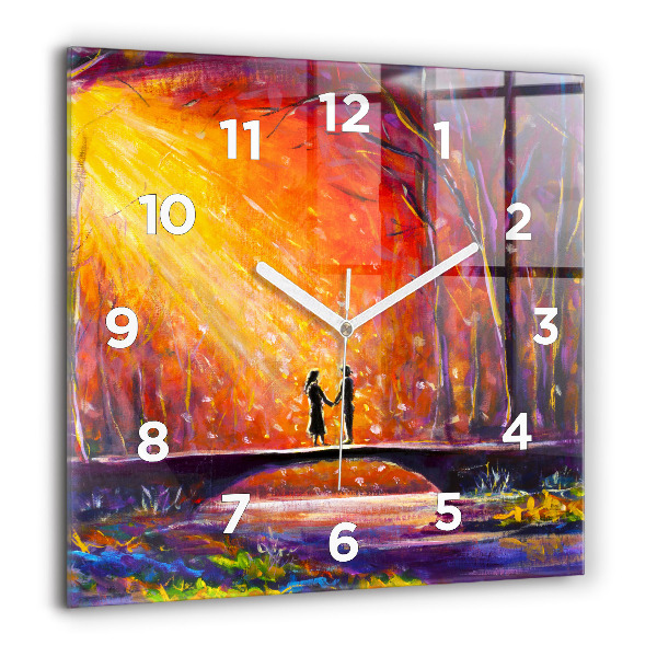 Square glass wall clock Couple in the forest