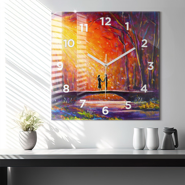 Square glass wall clock Couple in the forest