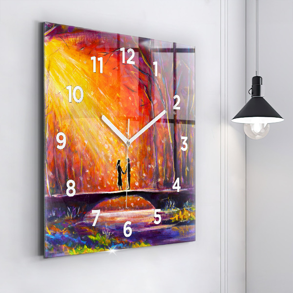 Square glass wall clock Couple in the forest
