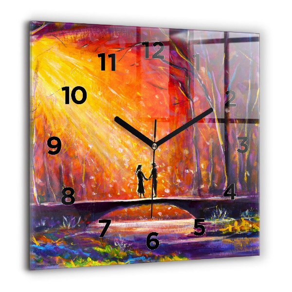 Square glass wall clock Couple in the forest