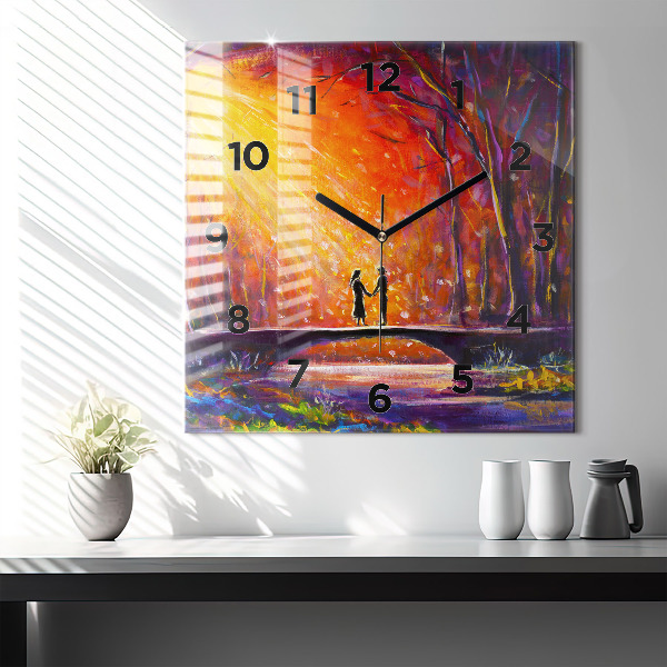 Square glass wall clock Couple in the forest