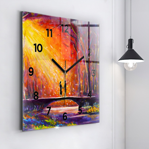 Square glass wall clock Couple in the forest