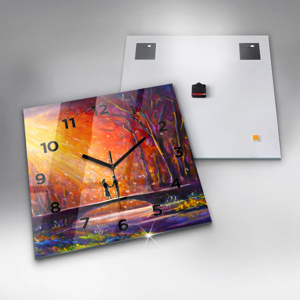 Square glass wall clock Couple in the forest