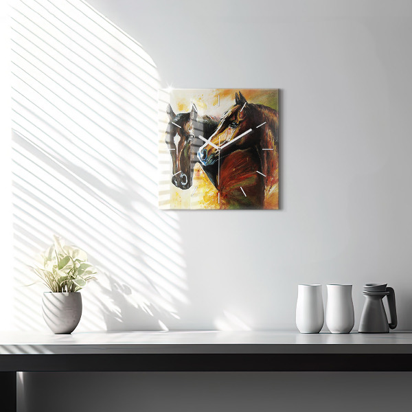 Square glass wall clock Two painted horses