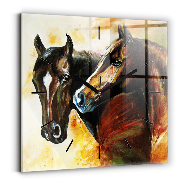 Square glass wall clock Two painted horses