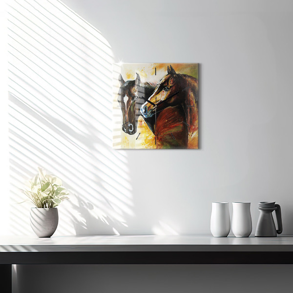 Square glass wall clock Two painted horses