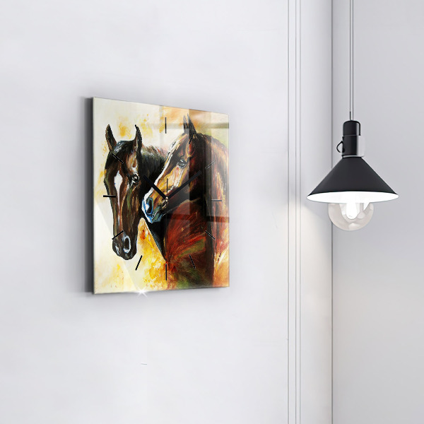 Square glass wall clock Two painted horses