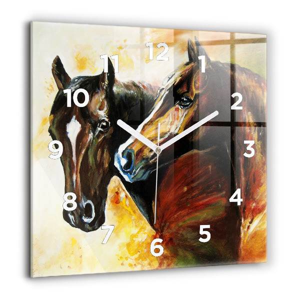 Square glass wall clock Two painted horses