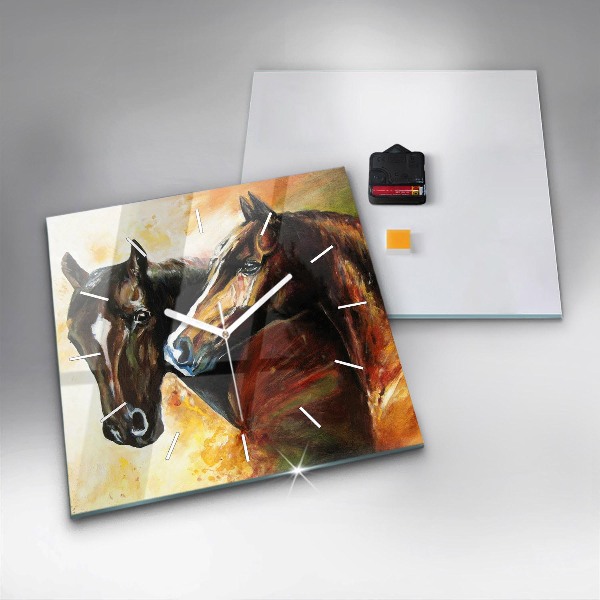 Square glass wall clock Two painted horses