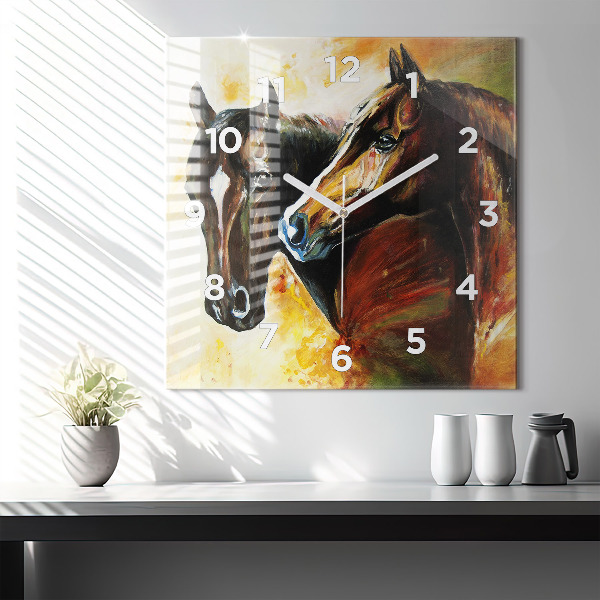Square glass wall clock Two painted horses