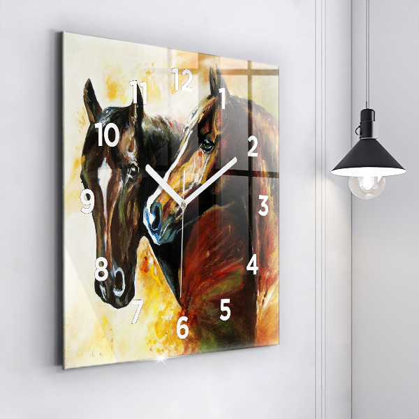 Square glass wall clock Two painted horses