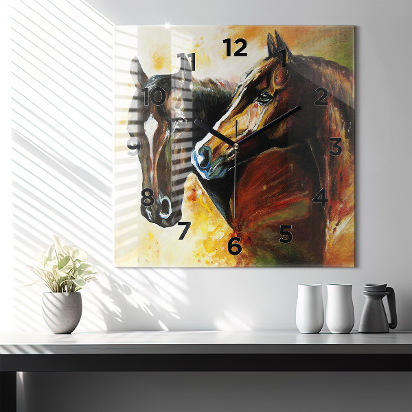 Square glass wall clock Two painted horses