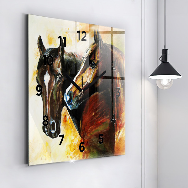 Square glass wall clock Two painted horses