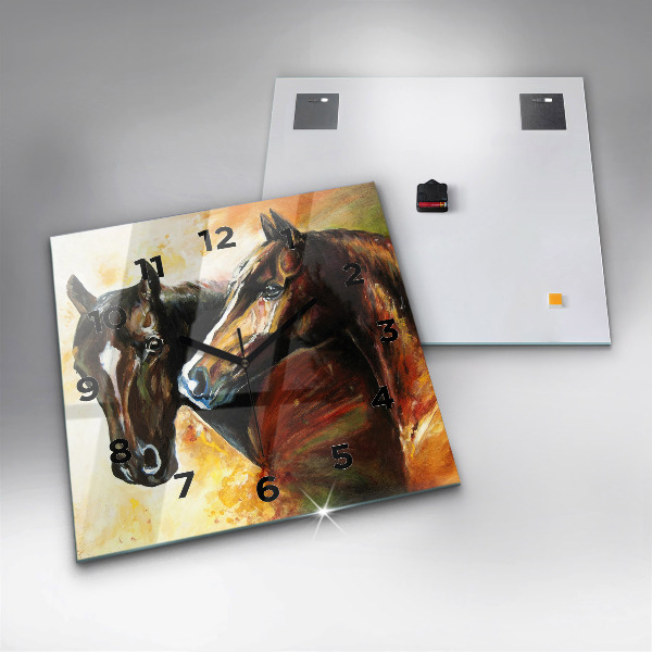 Square glass wall clock Two painted horses