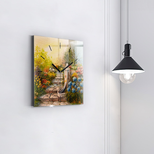 Square glass wall clock Oil composition in the forest
