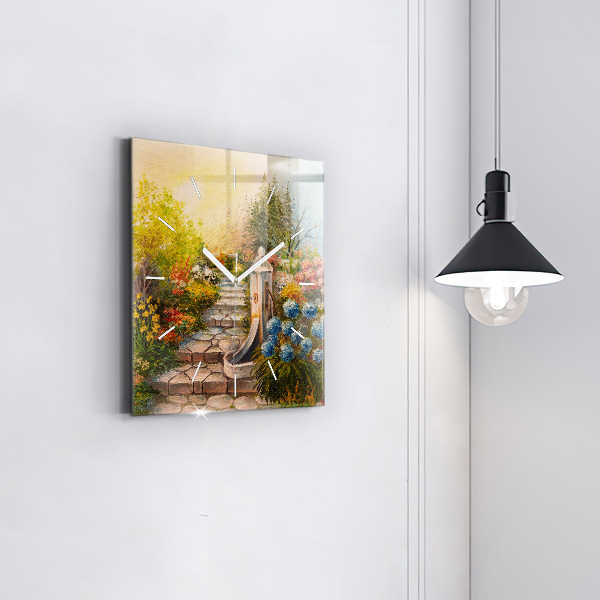 Square glass wall clock Oil composition in the forest