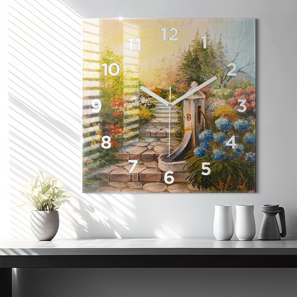Square glass wall clock Oil composition in the forest